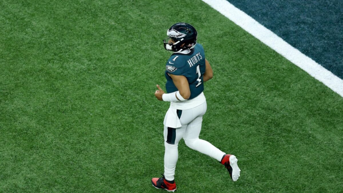 Jalen Hurts' Super Bowl-winning Air Jordan 11 PEs had a special message engraved in them 3 Jalen Hurts wearing red and black Air Jordan