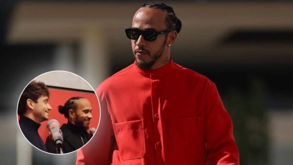 Lewis Hamilton (via Getty), Lewis Hamilton speaking Italian at a Ferrari event (via @guidoinslowmotion/Instagram)
