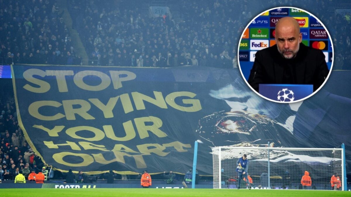 "Stop crying" - Manchester City fans BRUTALLY mock Vinicius Jr. with Ballon d'Or tifo as Real Madrid come to Etihad 2 Pep Guardiola Manchester City banner