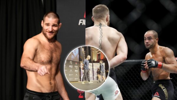 Sean Strickland does a similar fighting stance as to Conor McGregor during his UFC 312 open workout session