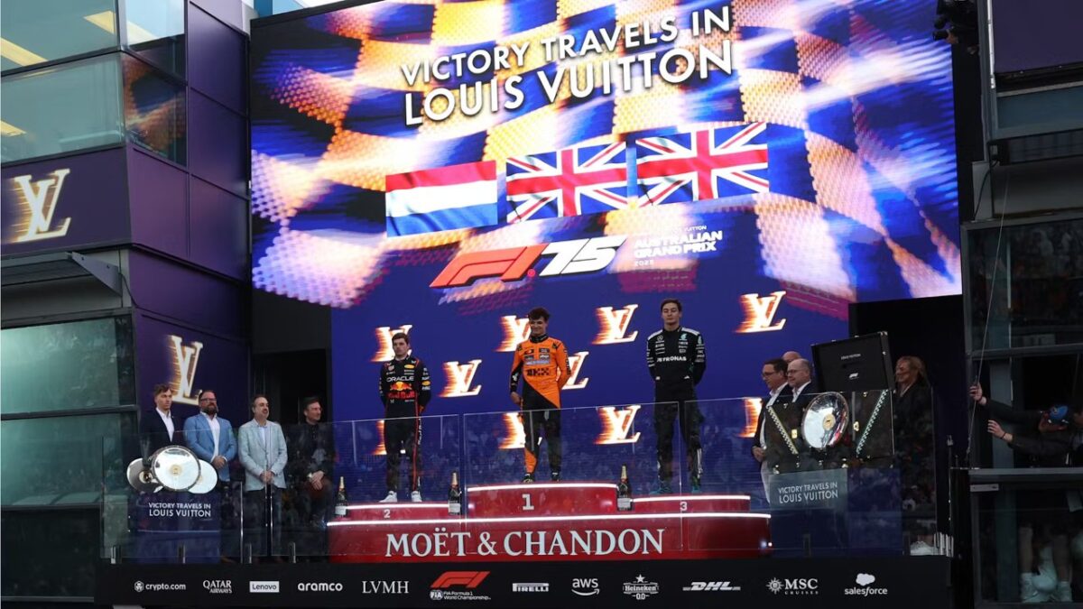 How F1 and its teams actually make money 5 The 2025 Australian GP podium with Louis Vuitton branding