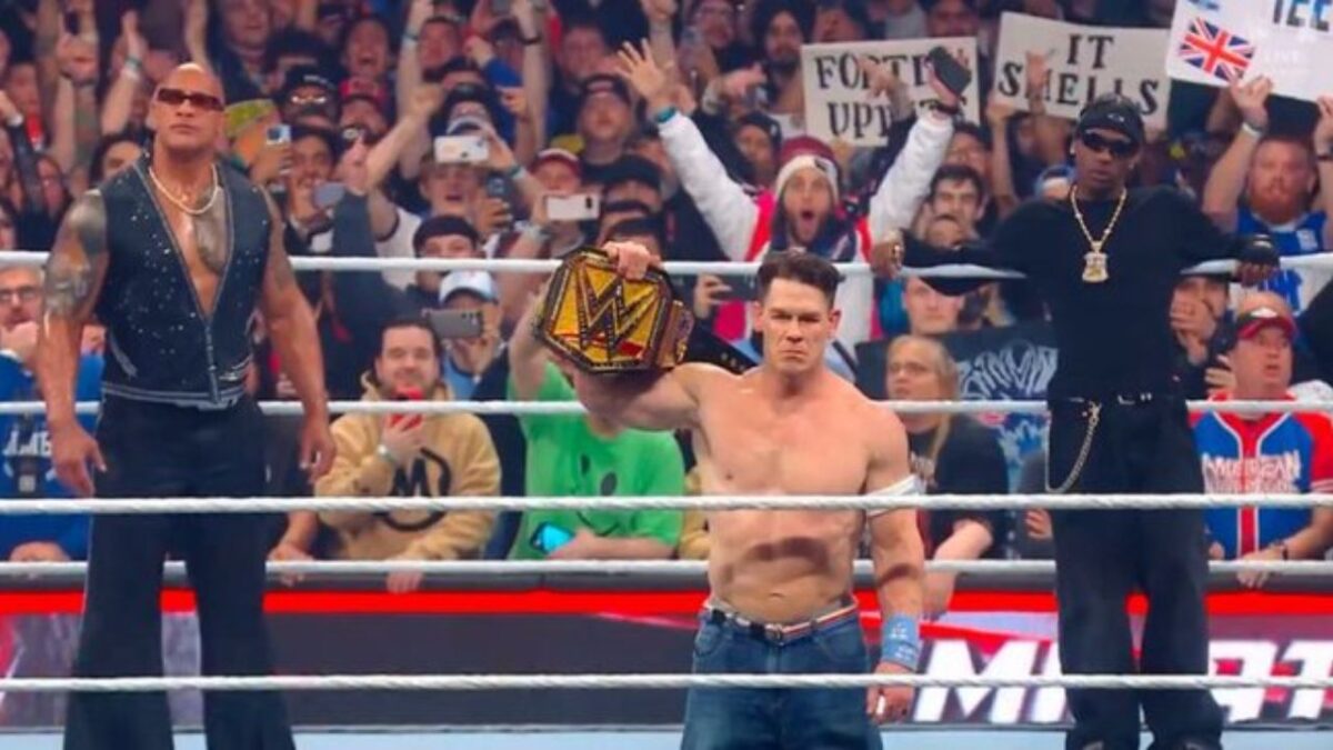 "That tops Austin shaking Vince's hand"- WWE Universe jaw-dropped by John Cena turning heel on Cody Rhodes to join The Rock at Elimination Chamber 3 John Cena holding WWE title