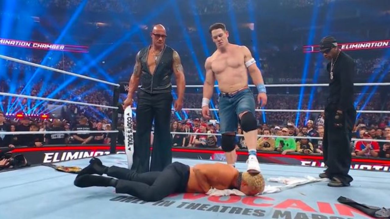 “That tops Austin shaking Vince’s hand”- WWE Universe jaw-dropped by John Cena turning heel on Cody Rhodes to join The Rock at Elimination Chamber
